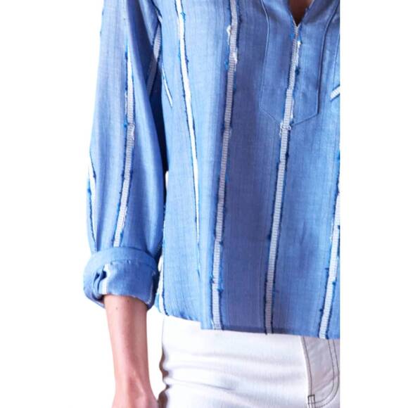NEW FINLEY ethnic stripe joni popover shirt in blue/white - Picture 3 of 3